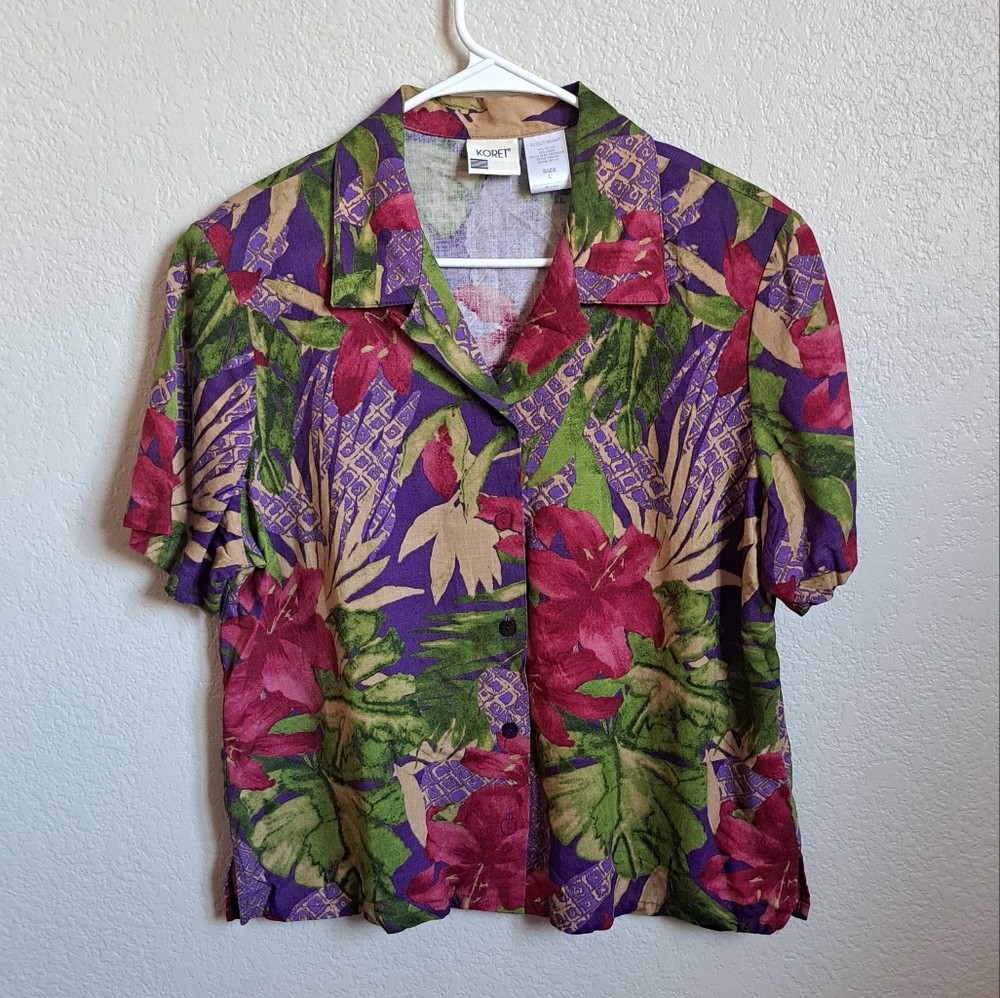 Womans Vintage Linen Blend Purple Pink Tropical Print Button Down Top Size Large